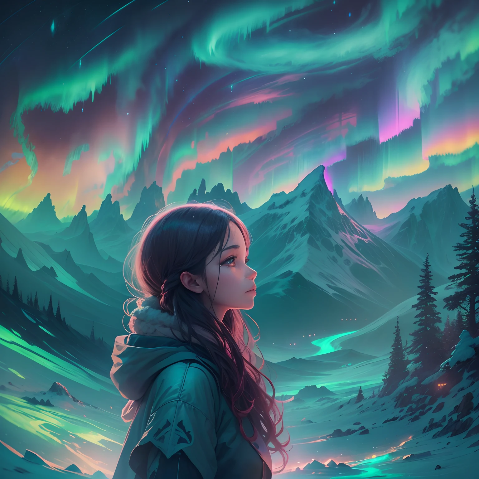 tmasterpiece, 4K, Hyper-Resolution, Optimal image resolution,aurora borealis，This stunning illustration depicts a portrait of a young girl in the Northern Lights, Express your thoughts, Emotions and dreams in surreal and magical landscapes. Use bright colors and meaningful symbols to reflect the complexity of the human mind，Epic surrealist style，Epic dreamy style，epic digital art illustration