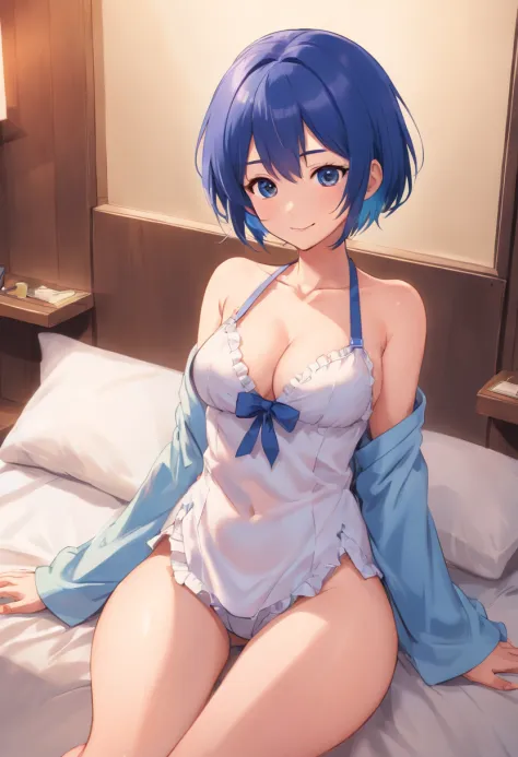 Blue short haired girl，Only one eye can feel it.，Wear maid uniform，Look down at the camera.，Big Chest，Hot Draft，(()))、(((Panties)))、(((no underwear)))、(((Illustrations depicting)))、(((Ultra - Details)))、(((No clothes.))),  Big Chest 、Chest contact、exposed ...