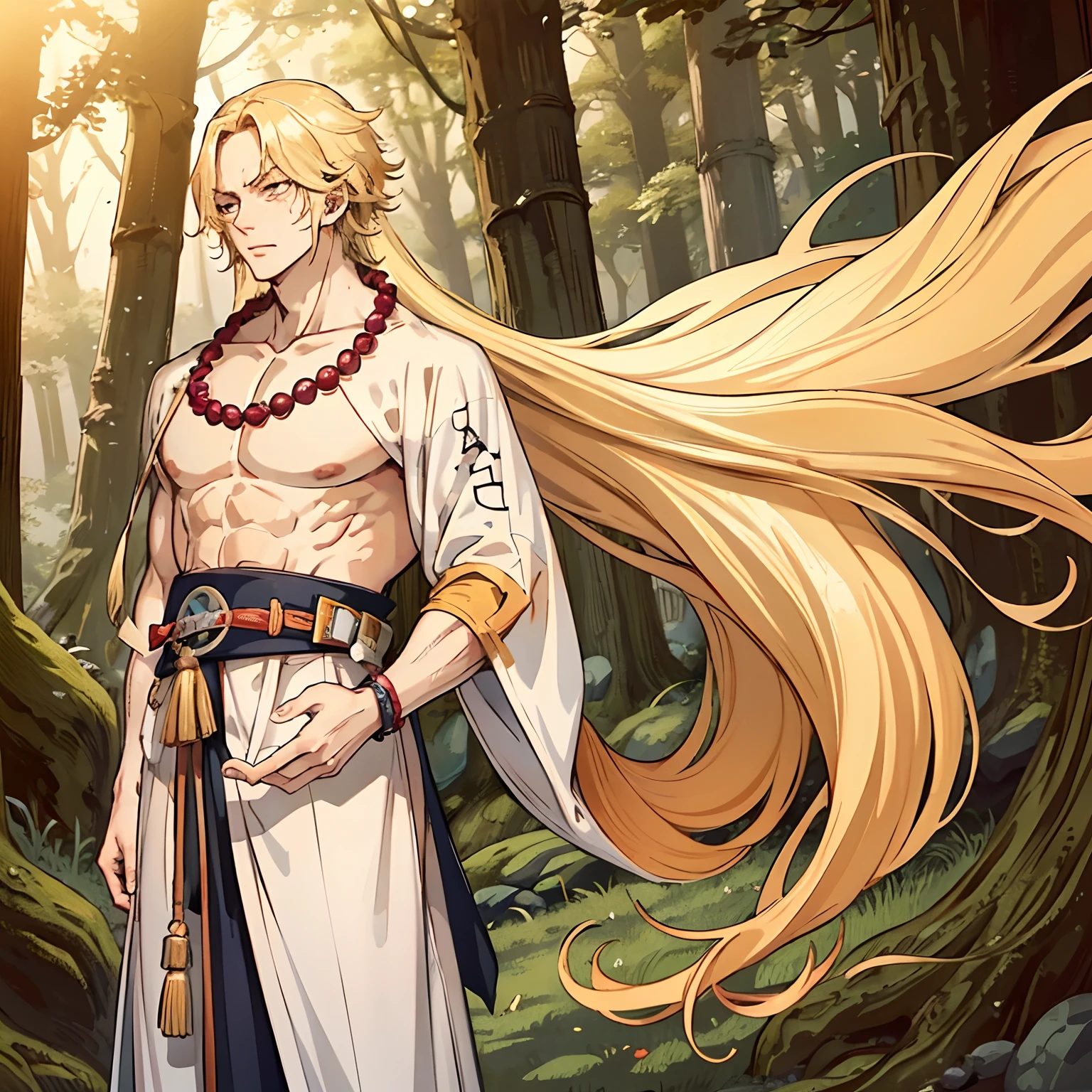 Tall strong man, tight muscles, muscular male, covered in scars, messy blonde hair, angelic, very pale white skin, radiating a beautiful golden glow, Fushigoro Toji, Toji Fushigoro, standing in a forest, shirtless, wearing a bead necklace, Ace, Portgas Ace, Portgas D. Ace, lean athletic build, strong, blonde hair, golden blonde hair, beautiful man, lean, Suguru Geto, Japanese attire, Japanese clothing, slim physique, muscular lean, athletic, blonde hair