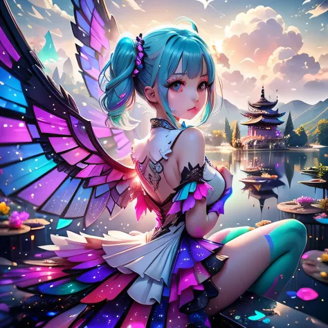 Masterpiece, {beautiody},独奏,1 girl, Pink Dress, fantastic hair, neon background white wings, cloudy background, lake blue hair