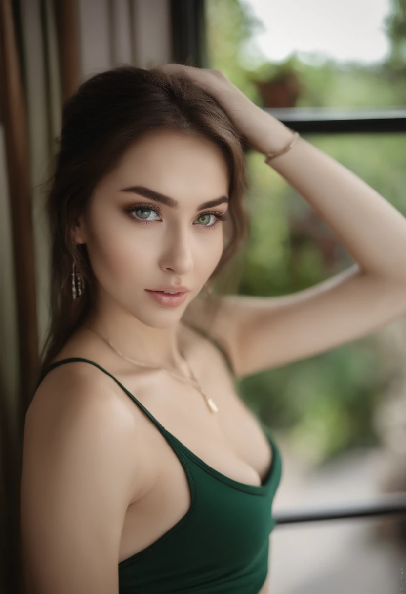 A close up of a woman in a green dress posing for a picture - SeaArt AI