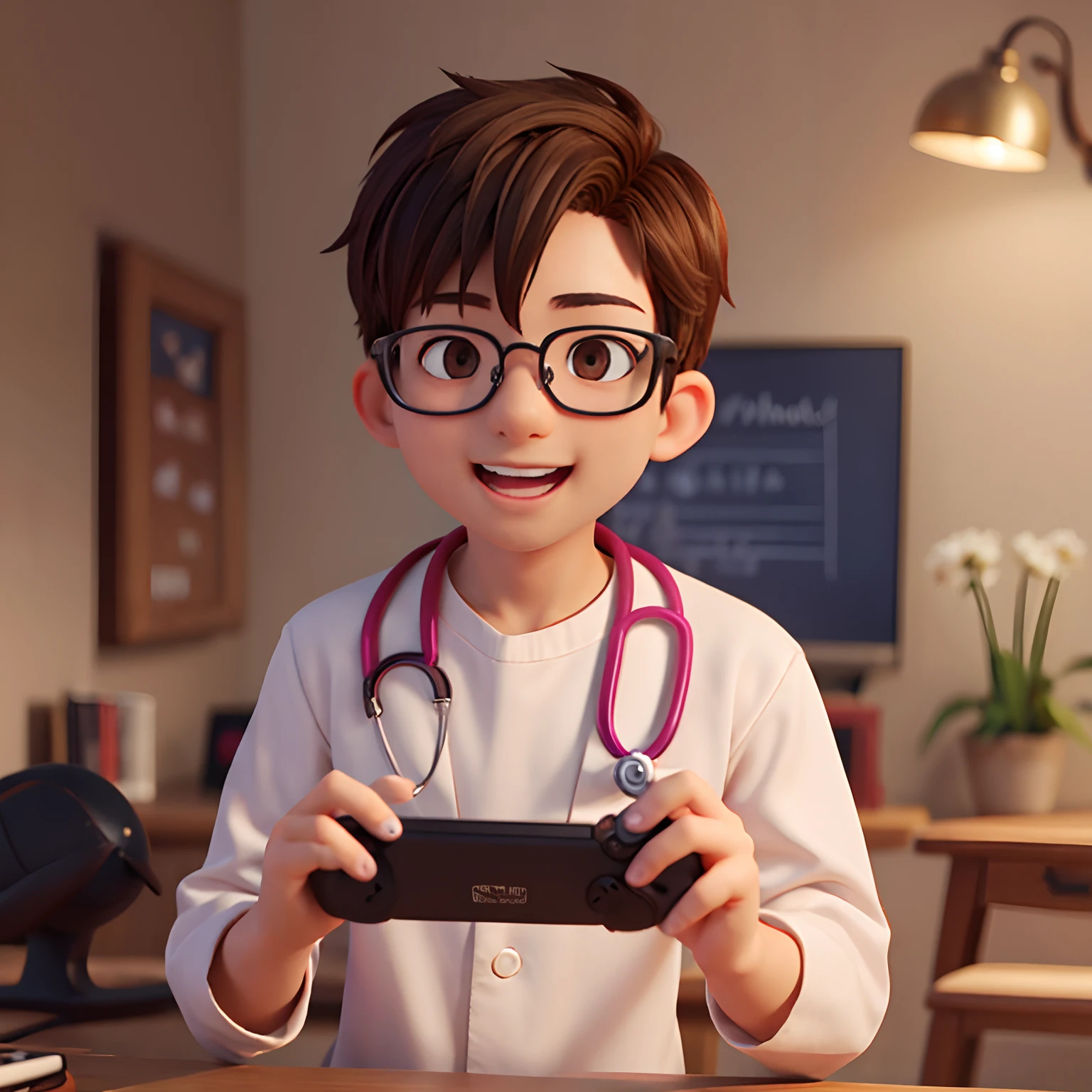 Мужчина-врач играет в видеоигры, карие глаза, очки, счастливый