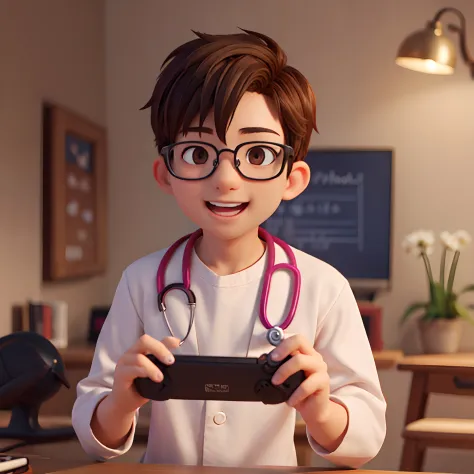 man doctor playing videogames, brown eyes, glasses, happy