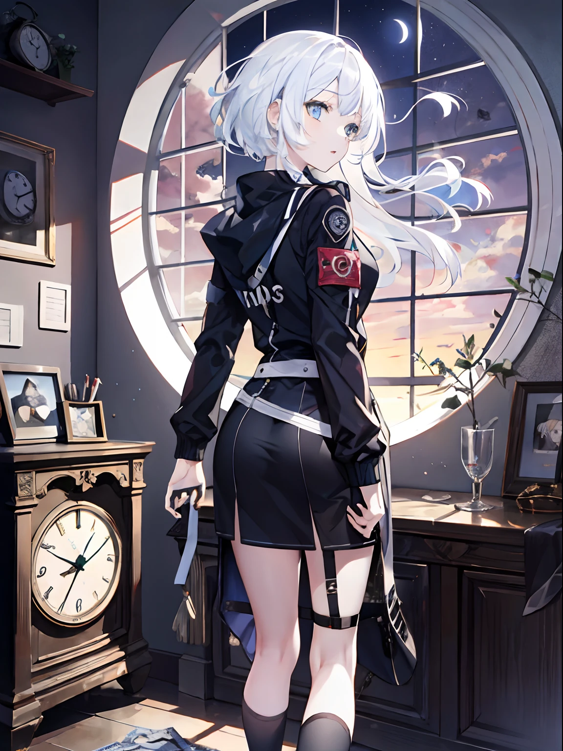 1girl, white hair, straight hair, clock, bomber, full body, back, chrono, time, with beautiful Moonlight