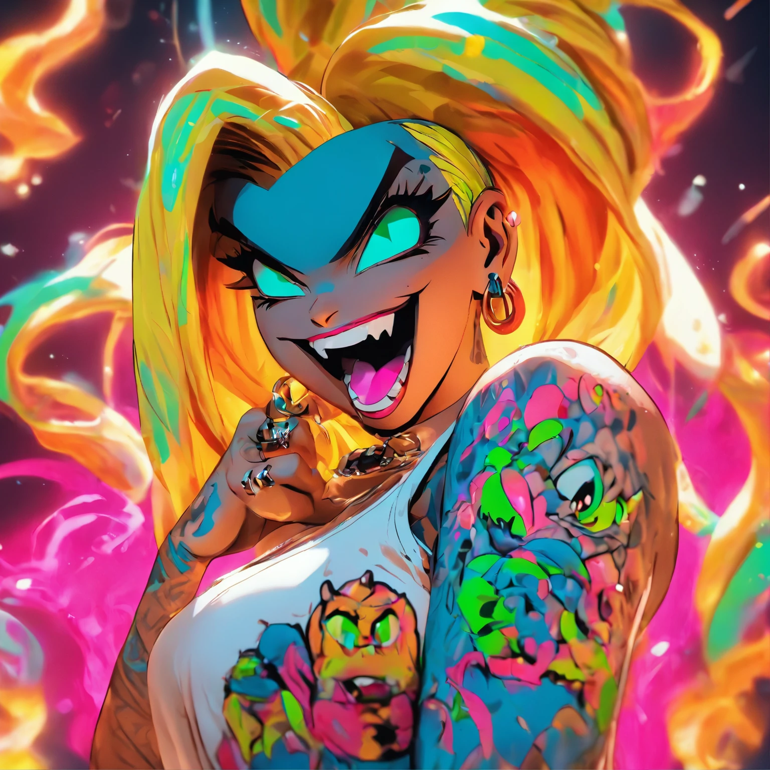 A cartoon girl with tattoos and a bright shirt - SeaArt AI