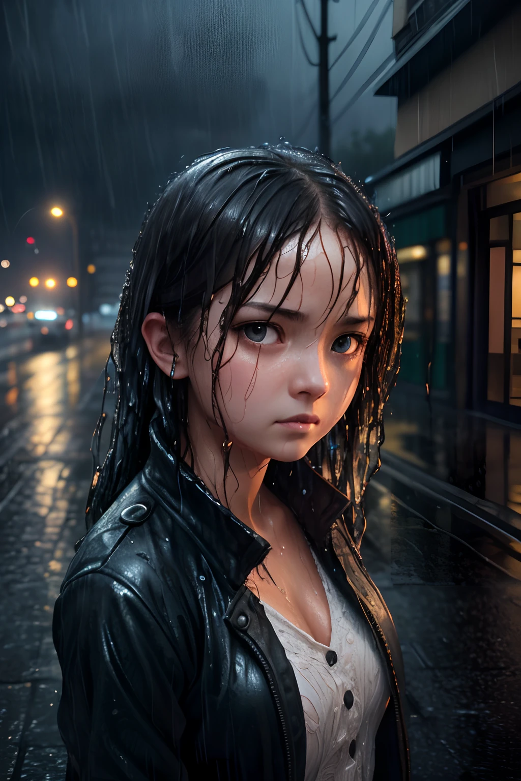 (dynamic angle:1.1), (cute face:1.2), dark sky, (nighttime:1.2), (rainy weather:1.2), photo of angry girl in the street, looking to the side, (wet hair:1.3), volumetric light, masterpiece, 8k, (best quality:1.3), (intricate details:1.1), subsurface scattering, ultrarealistic,