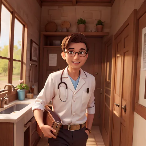 man doctor in rural area, brown eyes, glasses, happy