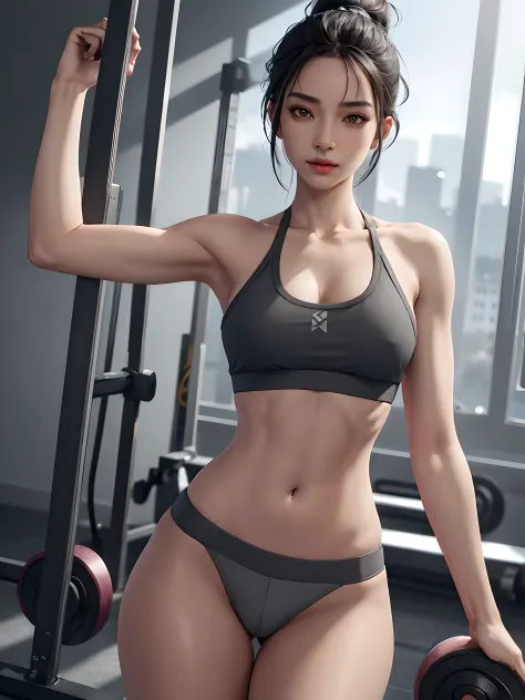 20-year-old girl in grey sports bra, (grey thong:1.4), Perfect 1Girl, dominant posture, shiny tanned skin, accentuated breasts, 3d rendered character art 8 K, trending on cgstation, sexypose, Side Photo, (intricate details:0.9), (HDR, hyper-detailing:1.2),...
