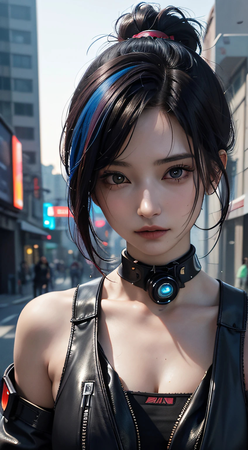 ((Best quality)), ((masterpiece)), (highly detailed:1.3), 3D, beautiful (cyberpunk:1.3) hacker woman with colored hair, black clothes looking at camera