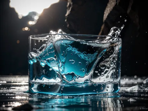 splash agua y cubitos de hielo, explosivo y llamativo, increible, uhd, 8k