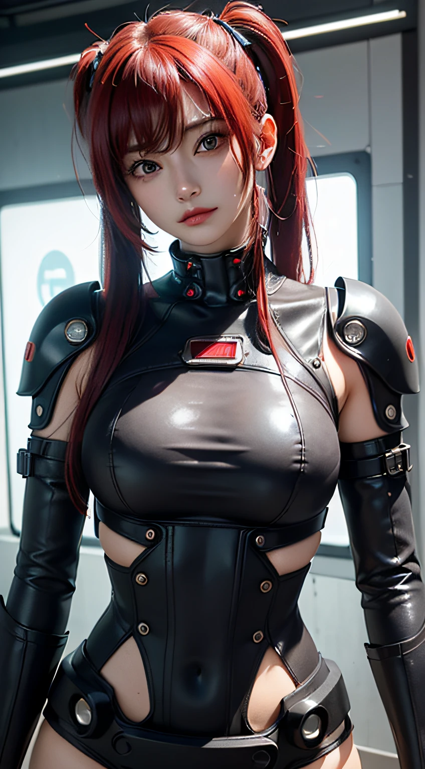 ((top-quality)), ((​masterpiece)), (high-detail:1.3), 3D, Beautiful fece (cyberpunked:1.3) Red colored hair、Hacker woman in black clothes looking at camera、Reflecting the thighs、(A slight smil:0.4)