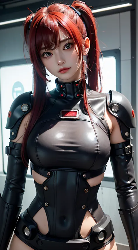 ((top-quality)), ((​masterpiece)), (high-detail:1.3), 3D, Beautiful fece (cyberpunked:1.3) Red colored hair、Hacker woman in blac...