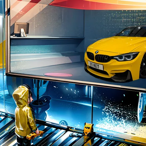 There is a man in a yellow raincoat standing in front of a yellow car, Commercial illustration, bmw, inspired by Liam Wong, wojtek fus, automotive design art, kilian eng vibrant colours, Detailed painting 4 K, high quality digital painting, vehicle illustr...