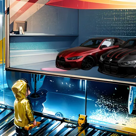 There is a man in a yellow raincoat standing in front of a car display, automotive design art, anime art vehicle concept art, inspired by Liam Wong, mirrors edge art style, GTA loading screen art, Commercial illustration, kilian eng vibrant colours, produc...