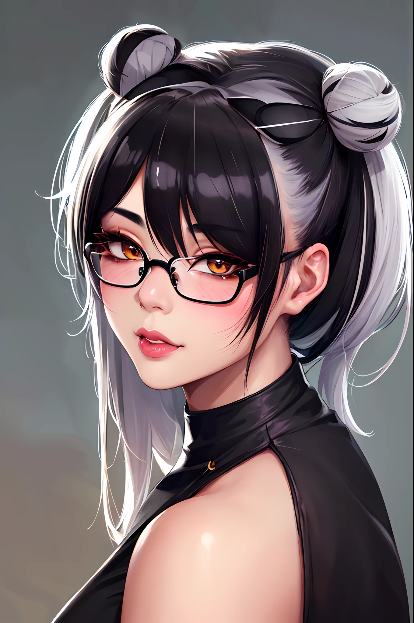 (best quality,ultra-detailed,realistic:1.37),panda girl,prominent figure,pigmented spots all over the body (vitiligo),black hair with silver streaks,under-eye bags,hair styled in two buns,wearing black glasses,fine art painting style,vibrant colors,soft lighting