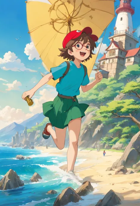 01 boy with brown hair and a red cap; smiling; holding a treasure map.
01 boy with spiky hair; wearing a green t-shirt; holding a treasure chest; is jumping excitedly.
01 girl with curly hair; wearing glasses; wearing a colorful skirt; is holding binocular...