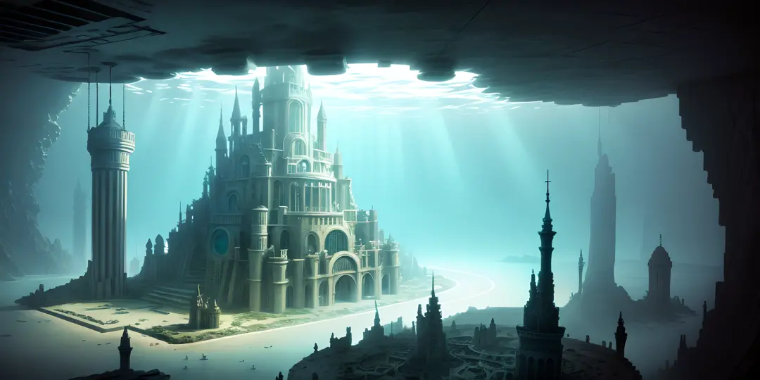 City of Atlantis under the sea, com uma redoma translucida, cercada por templos estilo grego e estatuas de deuses, ultrarrealistas, cores azuis predominando - SeaArt AI