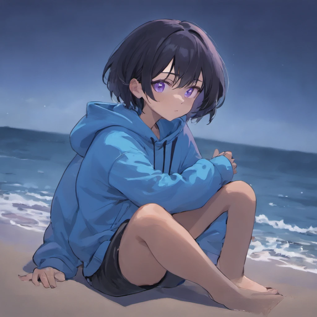 1girl, short black hair, light blue eyes, wearing plain purple hoodie, black sweat pants, sitting down, cuddling with duck, complete white background, peaceful, high res, masterpiece, looking at viewer, ultrasharp, 8k, sitting on beach, beach, waves, sunset