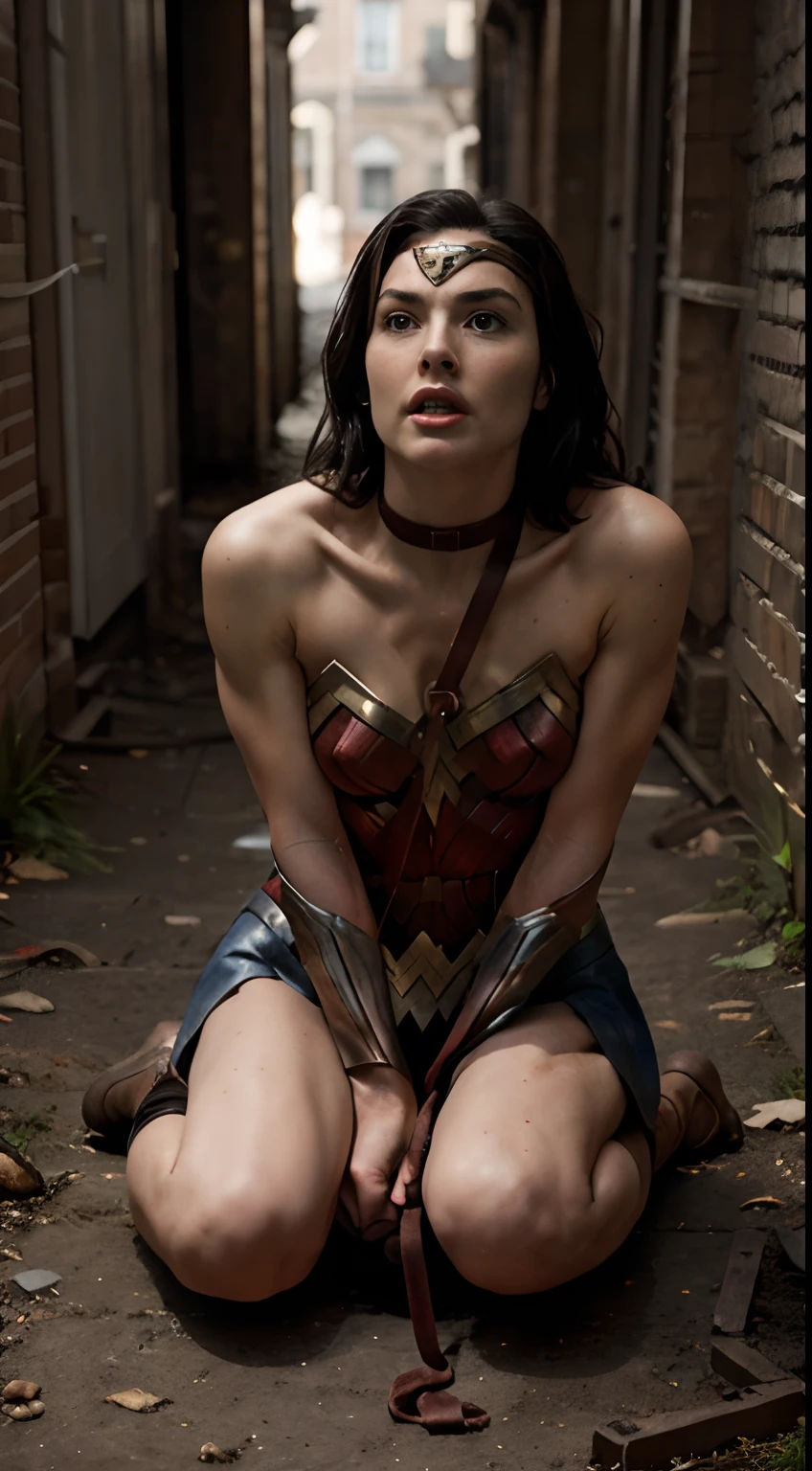 Wonder Woman restrained in some way, such as being tied up, chained, or shackled. The image should show Wonder Woman's strength and determination, despite her inability to move freely. Her facial expression can be serious or intense, as she struggles against her restraints. The image can convey a sense of danger, as well as the potential for Wonder Woman to escape or otherwise overpower her captors. Full body, crawl, BDSM, NSFW, small breast