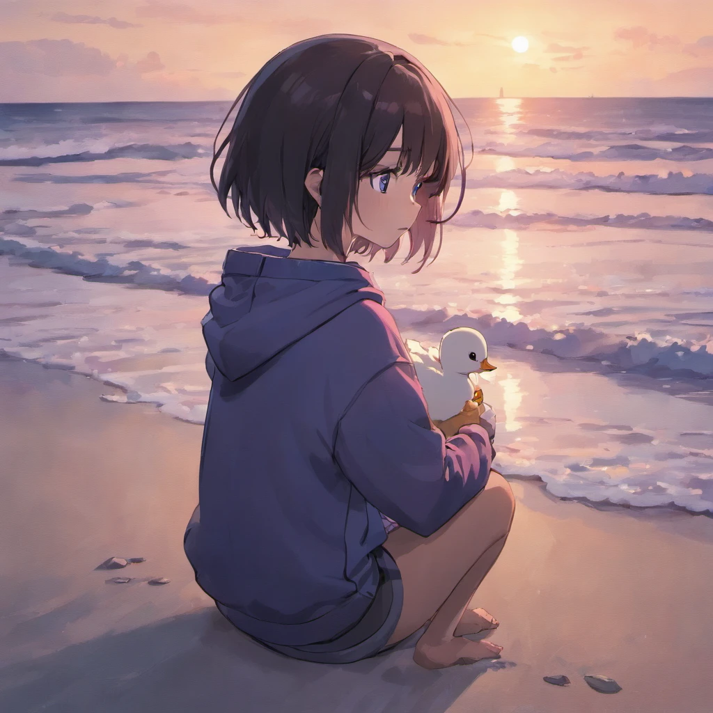 1girl, short black hair, light blue eyes, wearing plain purple hoodie, black sweat pants, sitting down, small duck, cute duck, cuddling with duck, high res, masterpiece, looking at viewer, ultrasharp, 8k, beach, waves, sunset, beautiful skies, duck on lap