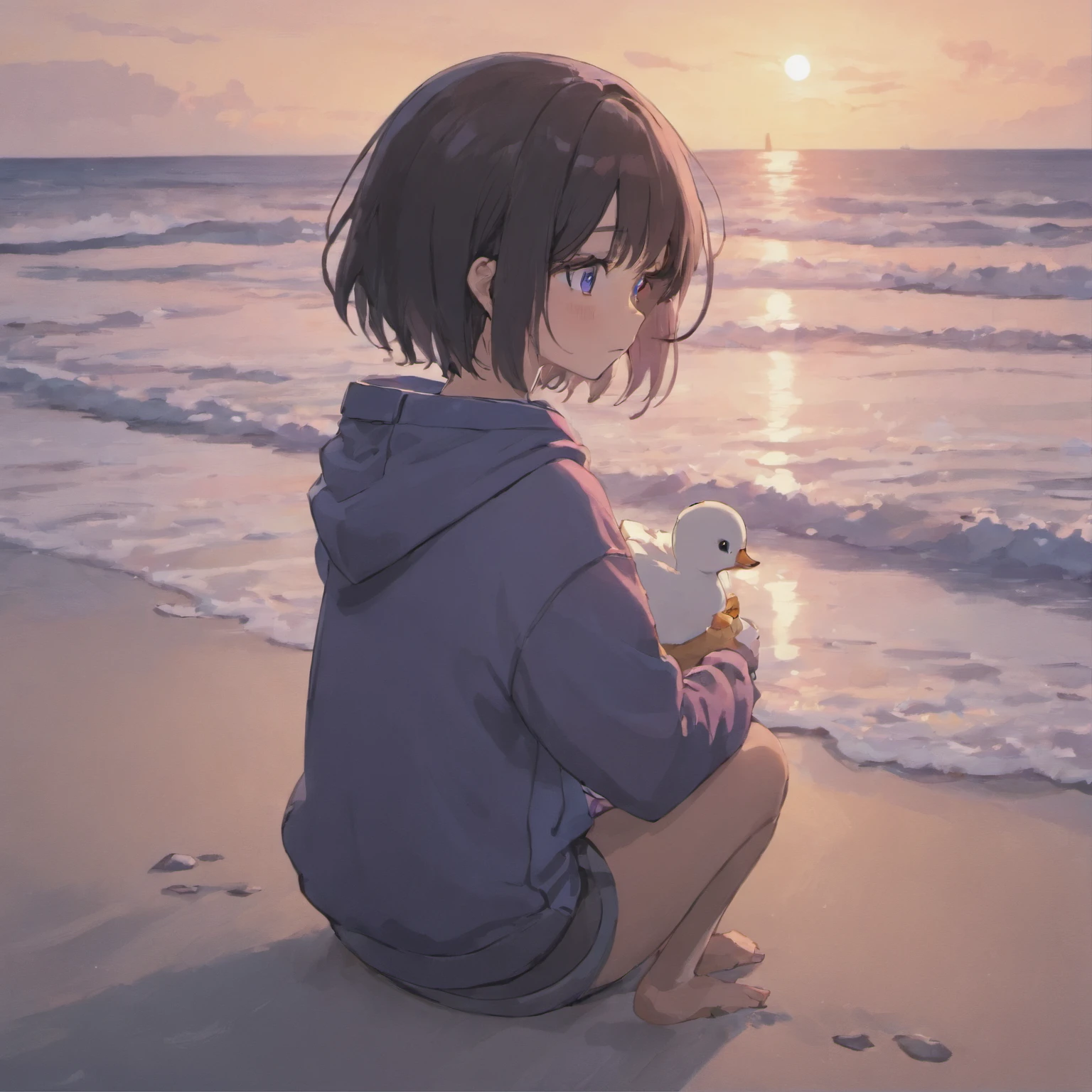 1girl, short black hair, light blue eyes, wearing plain purple hoodie, black sweat pants, sitting down, small duck, cute duck, cuddling with duck, high res, masterpiece, looking at viewer, ultrasharp, 8k, beach, waves, sunset, beautiful skies, duck on lap