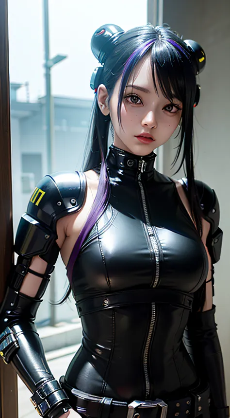 ((top-quality)), ((​masterpiece)), (high-detail:1.3), 。.3D, Beautiful fece (cyberpunked:1.3) Colored hair、Hacker woman in black ...