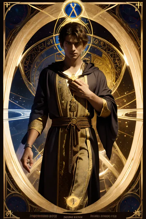 (absurdres, highres, ultra detailed), 1 young man, magician \tarot\, wizard, mage, magic, robe, short hair, ymbolism, Visual art...