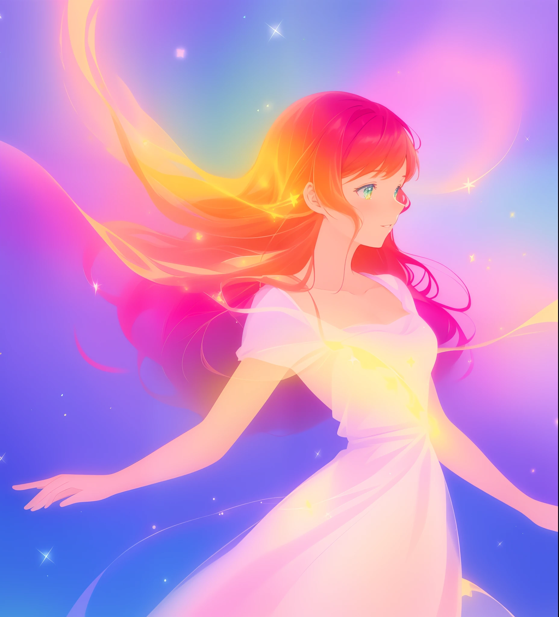 beautiful girl in colorful ballgown, long flowing red hair with golden highlights, vibrant pastel colors, (colorful), colorful watercolor background, ethereal, magical lights, sparkling liquid light, inspired by Glen Keane, inspired by Lois van Baarle, disney art style, by Lois van Baarle, glowing aura around her, by Glen Keane, jen bartel, glowing lights! digital painting, flowing glowing hair, glowing flowing hair, beautiful digital illustration, fantasia background, whimsical, magical, fantasy, beautiful face, ((masterpiece, best quality)), intricate details, highly detailed, sharp focus, 8k resolution, sparkling detailed eyes, liquid watercolor
