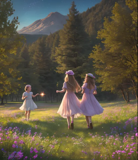 A Photograph capturing the whimsical world of Sparkle and her friends as they frolic in a meadow, sparkling in the soft glow of ...