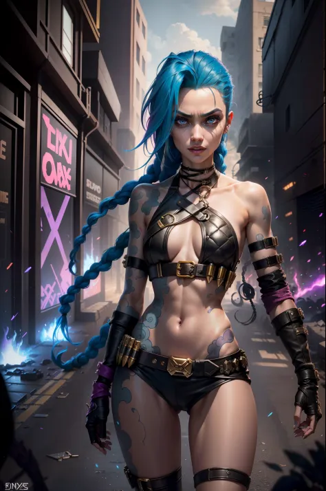 ((Best quality)), ((masterpiece)), (highly detailed:1.3), 3D, arcane style,In the dark and courageous dystopian city of Piltover, plagued by violence and divided into two opposing factions, a young prodigy named Jinx emerges. Having endured unimaginable lo...