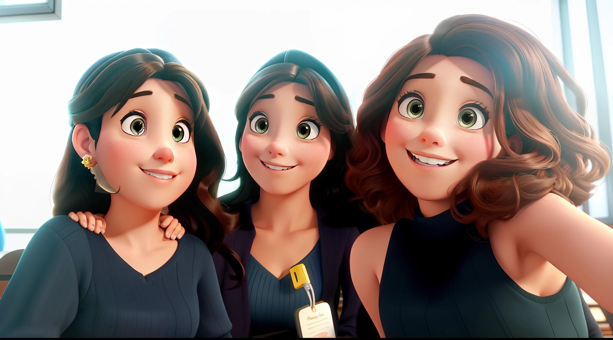 Três mulheres morenas estilo Disney Pixar, alta qualidade, melhor qualidade, pano de fundo biblioteca