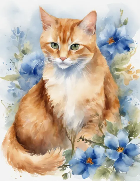 「It is a ginger cat and blue flower themed design。The characteristic fur of ginger cats is depicted in detail、Blue flowers elegantly unfold。Pale background and delicate light and dark、Bringing tranquility and beauty to design。It is a work that expresses th...