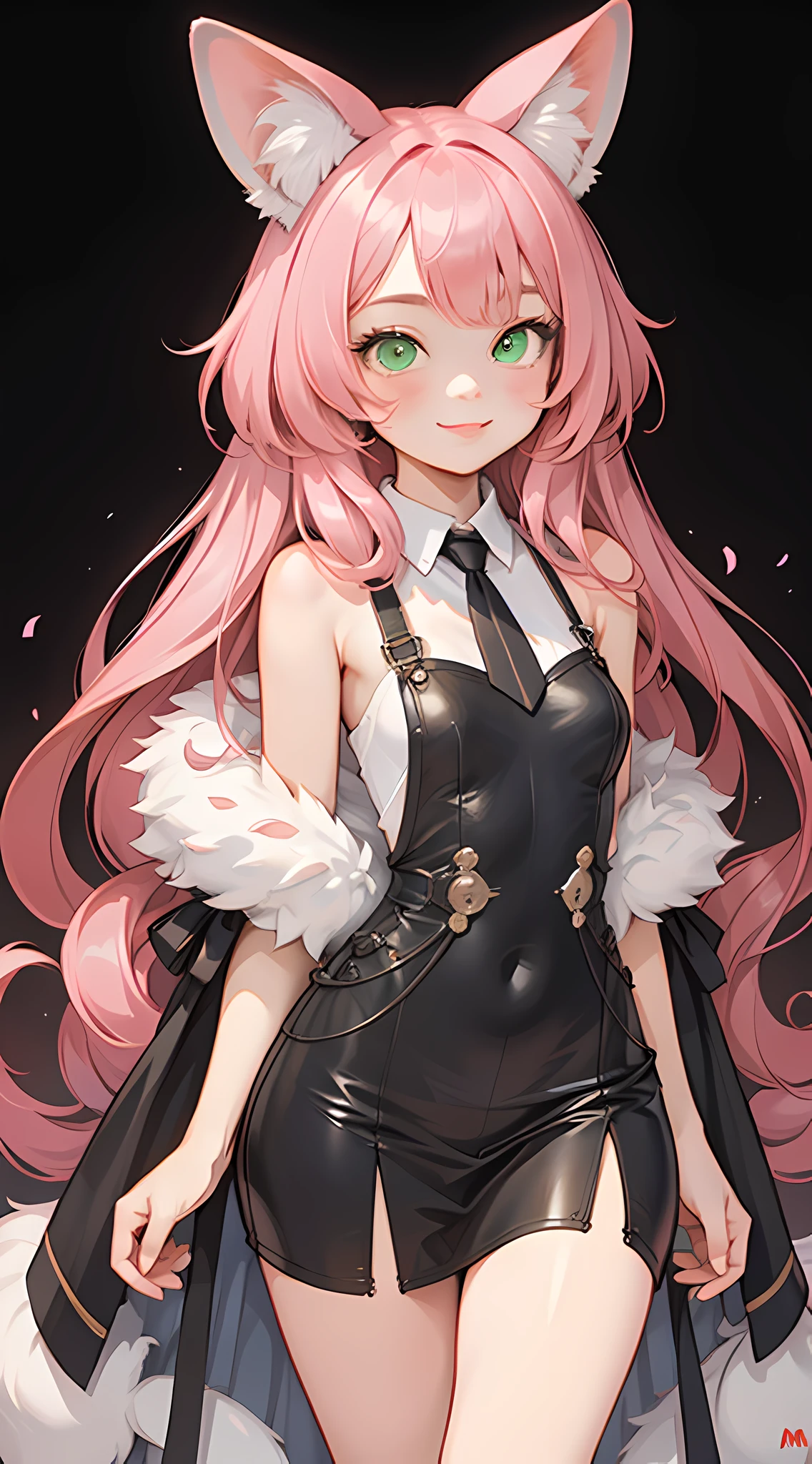 A young girl with long pink hair and vibrant green eyes is standing before you, her warm smile lighting up the scene. She is the centerpiece of this artistic masterpiece, a high-quality and realistic anime-inspired creation. 

Her hair cascades down in soft, delicate waves, adorned with a pair of adorable animal ears. These ears are a unique blend of big cat ears, reminiscent of a fennec fox, adding an intriguing touch to her appearance. The tail, matching the color and fluffiness of her hair, sways gently behind her, completing her ethereal look.

The attention to detail in this artwork is astounding. Every strand of hair is meticulously rendered, capturing the softness and shine that makes it so mesmerizing. The artist has paid careful consideration to every aspect of her youthful face; her eyes are exquisitely detailed, reflecting a sense of innocence and curiosity, while her lips have a gentle, natural curve that enhances her smile.

The overall quality of this artwork is truly remarkable. It is a masterpiece, created with the utmost care and skill, showcasing the artist's talent and dedication. The level of realism achieved in this anime-inspired piece is striking, as if the girl could step right out of the canvas into the real world.

The color palette chosen for this painting is a delightful mix of yellow and pink, reminiscent of a vanilla strawberry flavor. It adds a sense of sweetness and playfulness to the scene, perfectly complementing the girl's vibrant personality. 

The lighting in this artwork is carefully crafted to enhance the depth and dimensionality. Meticulously placed highlights create a sense of realism, illuminating the girl's features and giving them a lifelike quality. Shadows add depth and contrast to the composition, adding to the overall impact of the piece.

In this prompt, the focus is on this enchanting young girl with long pink hair and magnificent green eyes. The artwork is a masterpiece, characterized by its high quality and realist