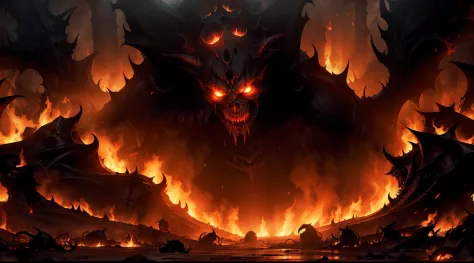 In the deep and inescapable darkness of the abyss, a horrifying image reveals the terrible and desolate landscape of hell. A place of unimaginable torment, where intense heat consumes condemned souls, causing uninterrupted and unbearable suffering. The inf...