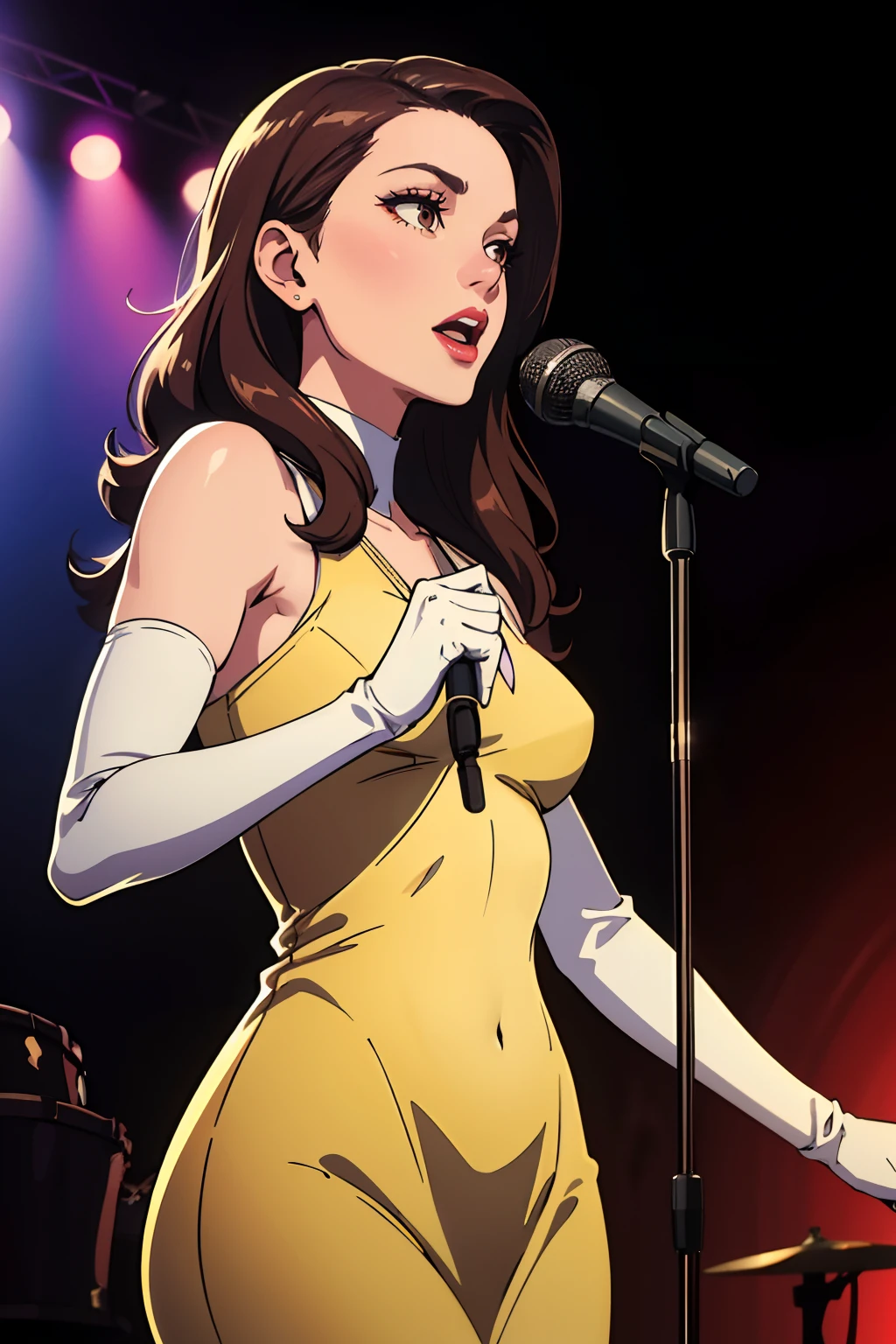 (best quality,4k,8k,highres,masterpiece:1.2),ultra-detailed,(realistic,photorealistic,photo-realistic:1.37), vibrant colors, stage spotlight, vintage microphone, elegant hair, graceful pose, dynamic atmosphere, stylish interior, classic jazz era vibes, captivating performance, soulful expression, animated jazz band, rhythmic music, passionate singing, microphone stand, energetic crowd, glamorous ambiance, seamless visual composition, enchanting red lighting, Rise Kujikawa (Persona), in a golden dress, brown eyes, brown hair, long hair, long white elbow gloves, wearing red lipstick, wearing light purple eye shadow, wearing makeup, holding old 1920s microphone, jazz club background, singing