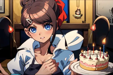 Aoi Asahina, 1girl, Cute, birthday celebration, birthday cake, blowing out candles, cute anime girl, Best quality