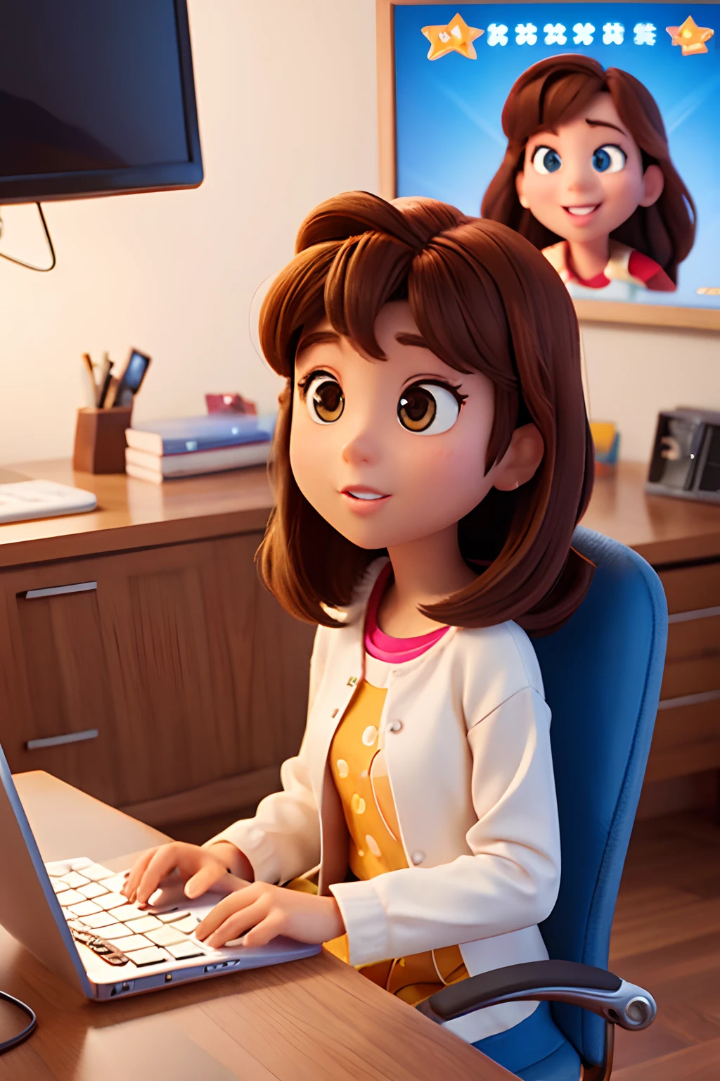 Femme de 40 ans aux cheveux bruns raides, assise dans un bureau, travaillant avec un ordinateur, travaillant dans le tourisme, yeux bruns, peau claire, film Disney Pixar