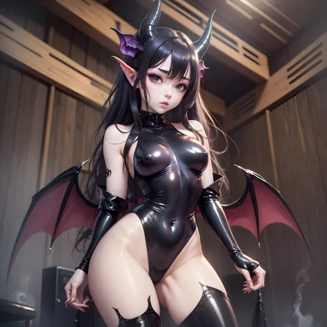 Succubus, Little horn, little bat wings, pale skin, totally black eyes, anime style, wide hip, extreme beauty, full body, black leather leotard, sauna background --auto --s2