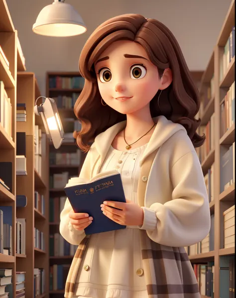 A wise young white woman with brown hair standing in front, illuminated by the light of a lamp, contra o pano de fundo de uma biblioteca