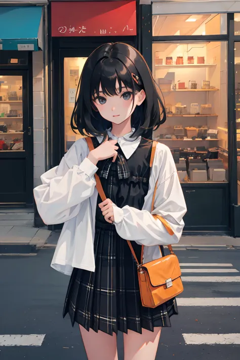 (child)，（​masterpiece，Highest Quality），Black blouse，plaid skirts，Bag，A dark-haired，intersection