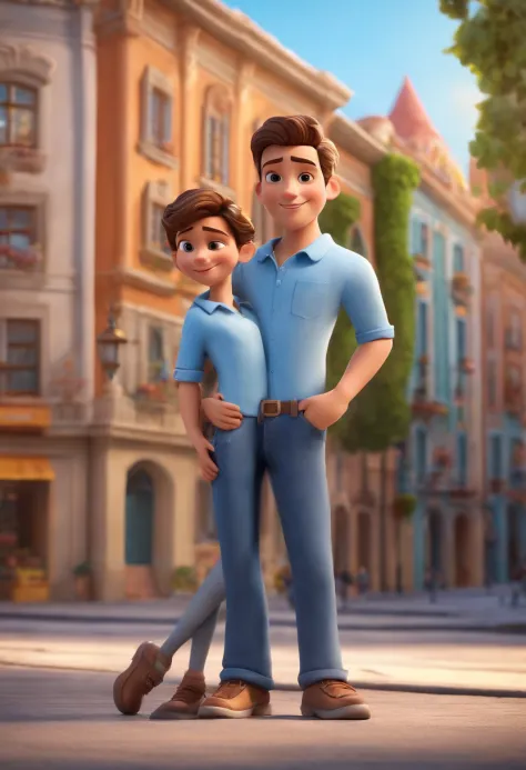 character, identical twin brothers, arms crossed, young man, 15 years old, builder style, wearing jeans and a light blue long-sleeved shirt, 3d mascot, disney pixar style, in the background a beautiful city with buildings, scene blur. mascots in the foregr...