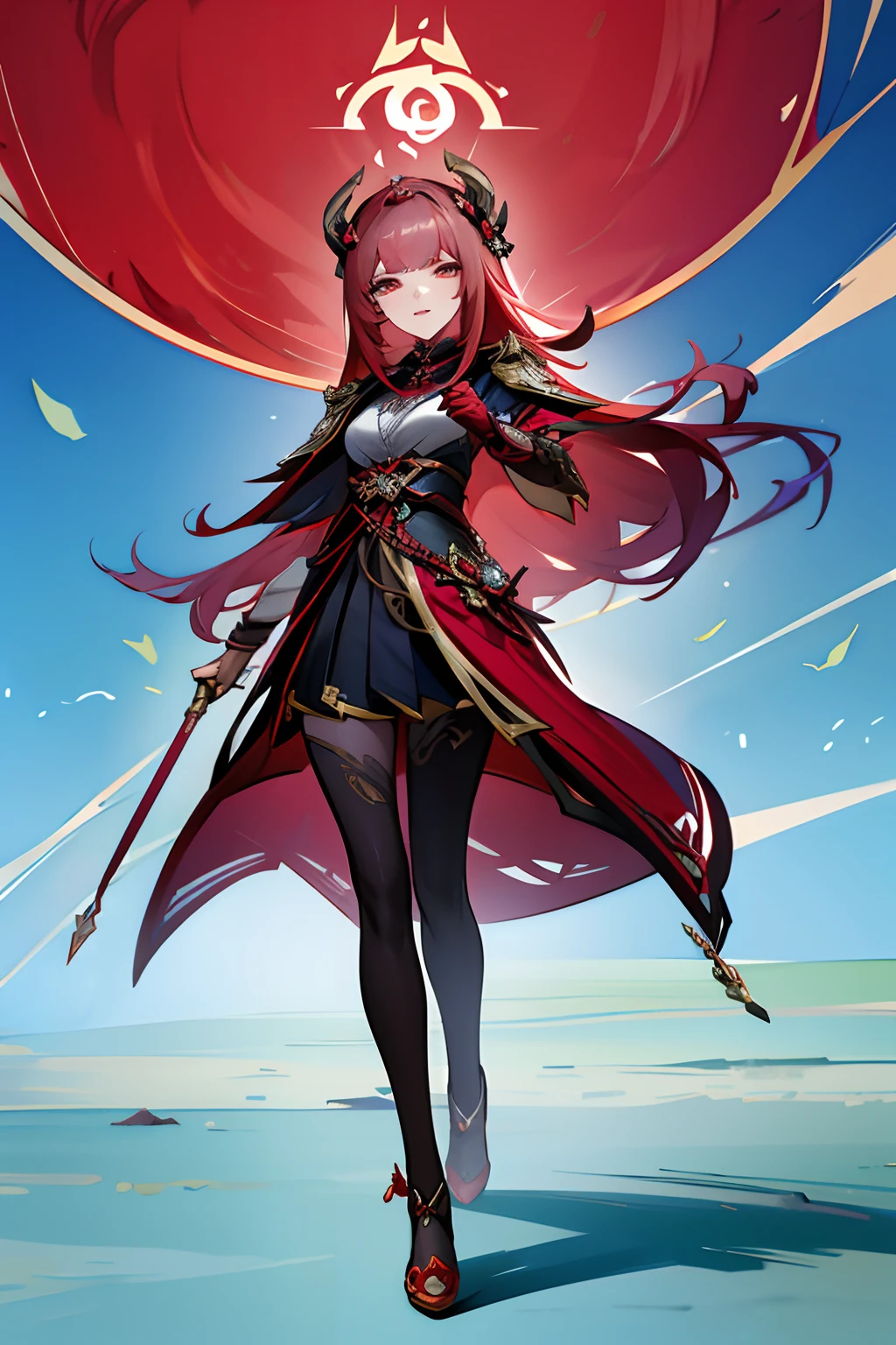 a woman with long red hair and horns walking in front of a blue background, keqing from genshin impact, ayaka genshin impact, ayaka game genshin impact, zhongli from genshin impact, genshin impact character, shadowverse style, cushart krenz key art feminine, full portrait of elementalist, portrait knights of zodiac girl, full body, standing full frontal, feet