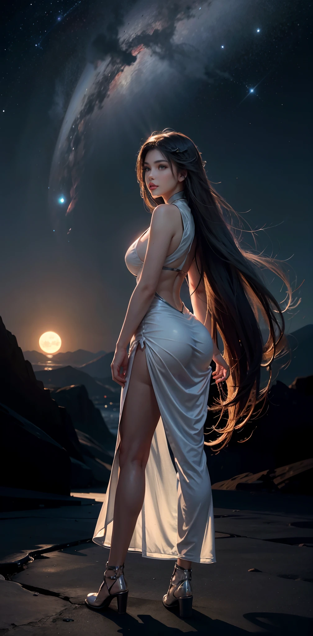 A woman in a white dress standing on a beach at night - SeaArt AI