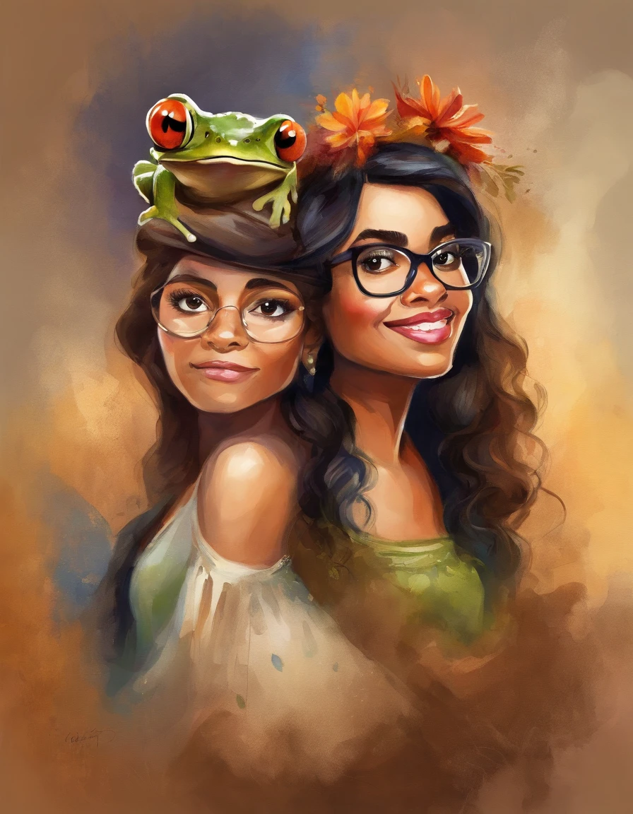 A painting of two women with glasses and a frog on their head - SeaArt AI