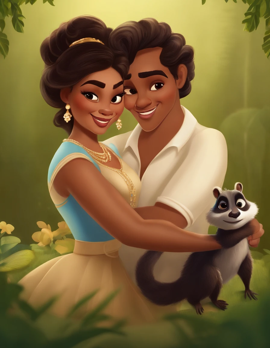 A cartoon image of a man and woman hugging in the jungle - SeaArt AI