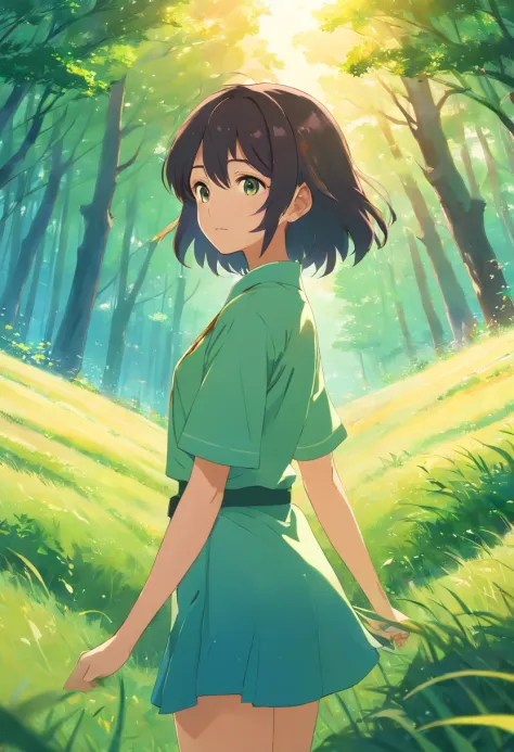 A pretty anime girl, that its under the sun light in the hill, rounded by a lot of green grass, and som trees, and a bit of wind its moving her hair, she has, black hair, and fox ears, it a semi-human, semi-fox, she, its not showing too much skin, its very...