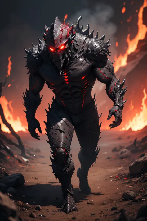 A realy realistic and detailed dark ice alien monster from  fire hell, with bright red eyes, a frightening and monstrous look. His clothes are torn and bear traces of his recent battles, the ground is made of molten lava.