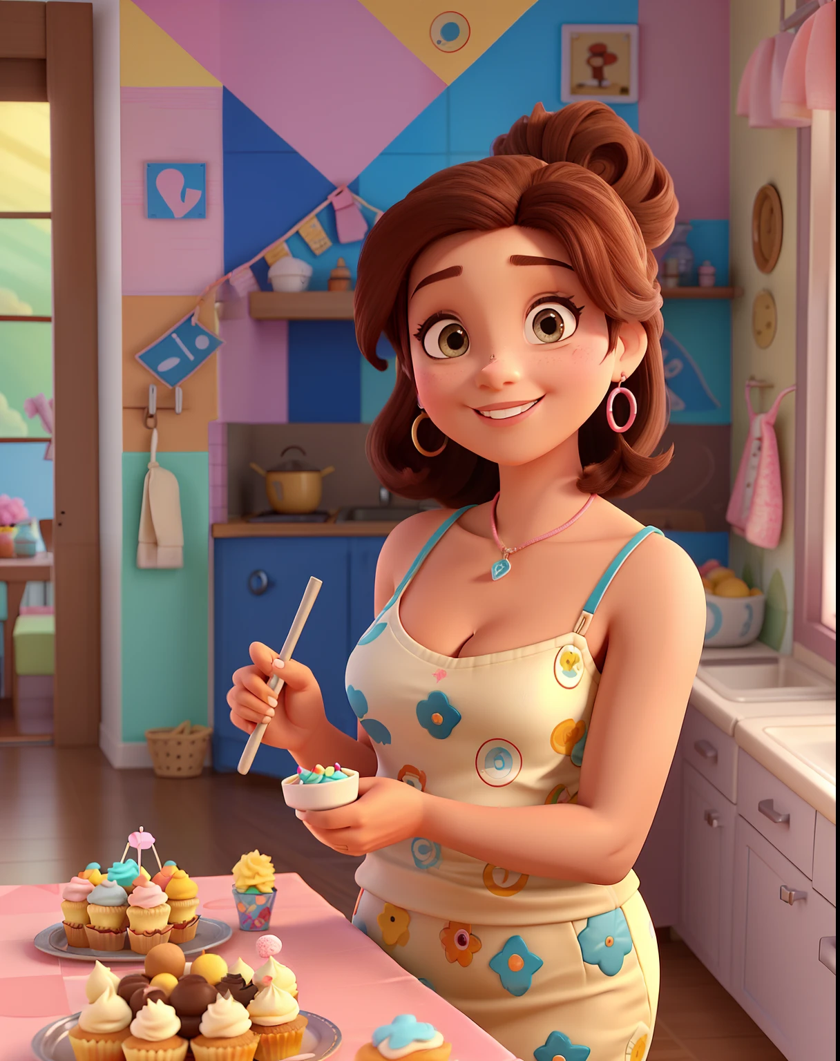 Poster 3D inspirado na Disney Pixar capturando uma cena com uma mulher de 40 anos, pele clara, olhos castanhos claros e cabelo comprido cacheado castanho claro com uma faixa de cabelo cor nude, na boca sorridente batom marrom claro , wearing a pinkish nude dolman, em uma cozinha moderna com azulejo cinza claro, quadros de doces na parede, She's decorating a charm theme fondant cake, com cupcakes e brigadeiros em cima da mesa