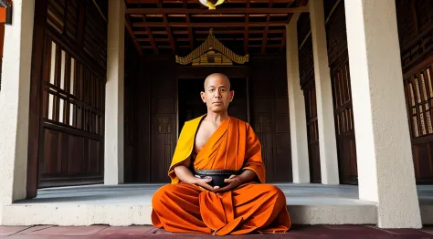 Monk sitting inside a Buddhist temple, the monk must be an old elder, de cabelos branco e barba branco com traje de monge a imag...