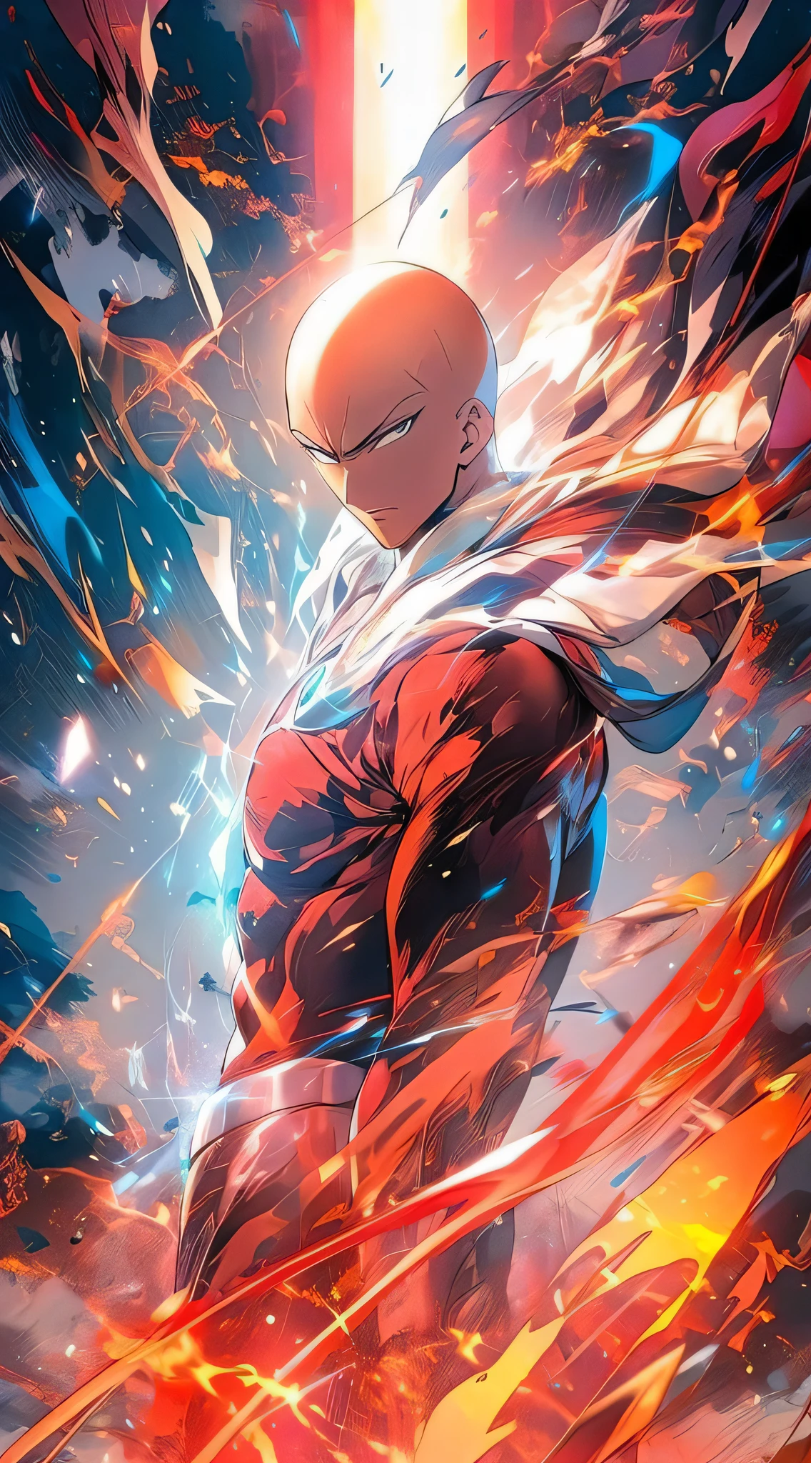 A man in a red suit, standing in front of the fire, One Punch Man, Манга One Punch Man, Saitama, Шеф-повар Saitama One Punch Man, Key Anime Visuals, such as Saitama, Handsome Saitama, Handsome Saitama. Intricate, Portrait of Saitama, profile picture 1024px, an epic anime of a energy man, official arts
